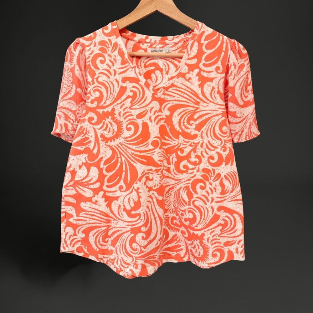 Chico's Tee Size Medium (Chico's Sz 1) V-Neck T-Shirt Gauze Flutter Sleeve Top